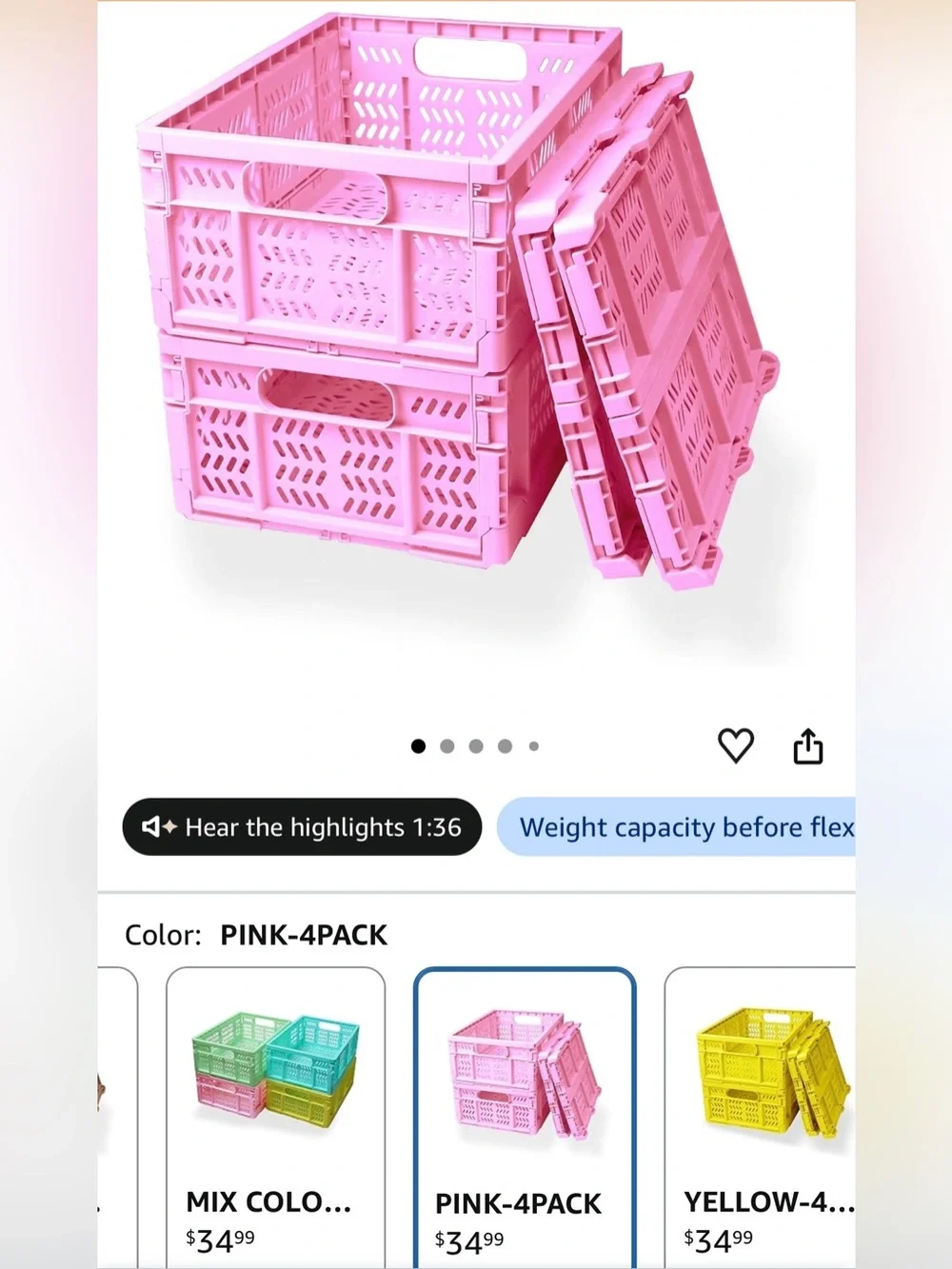 Foldable/Stackable Plastic Storage Baskets - Set of 4